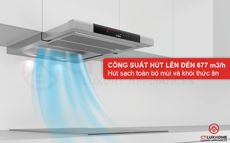 Công suất hút tối đa 677 m3/h hút sạch toàn bộ khói và mùi thức ăn