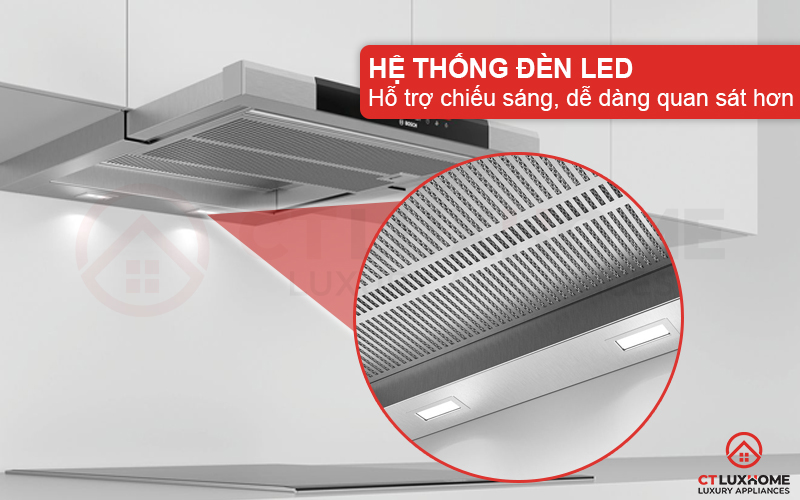 Máy hút mùi âm tủ Bosch DFS067J50B với hệ thống đèn Led tích hợp trên khung máy giúp việc nấu ăn ở không gian tối dễ dàng hơn