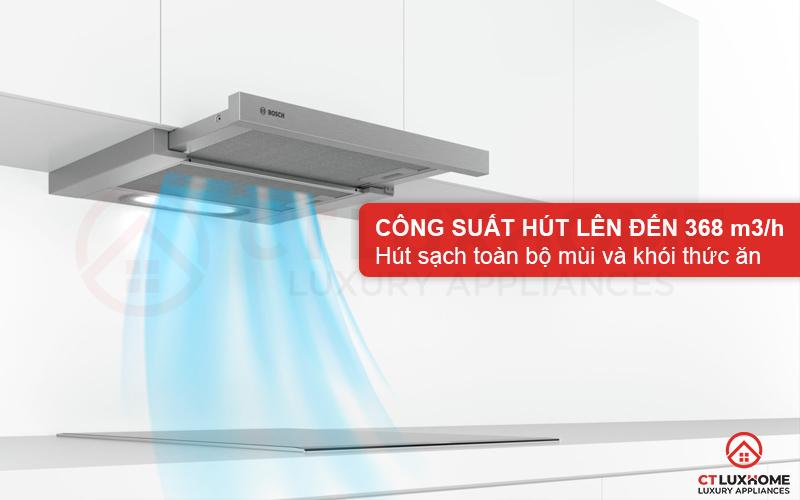 Công suất hút tối đa 368 m3/h hút sạch mùi và khói thức ăn, trả lại không khí trong lành