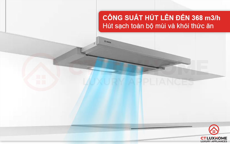 Công suất hút tối đa 368 m3/h hút sạch mùi và khói thức ăn