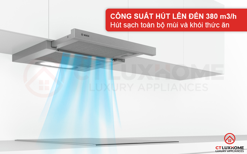 Công suất hút tối đa 380 m3/h hút sạch khói và mùi thức ăn, trả lại không khí tươi mới