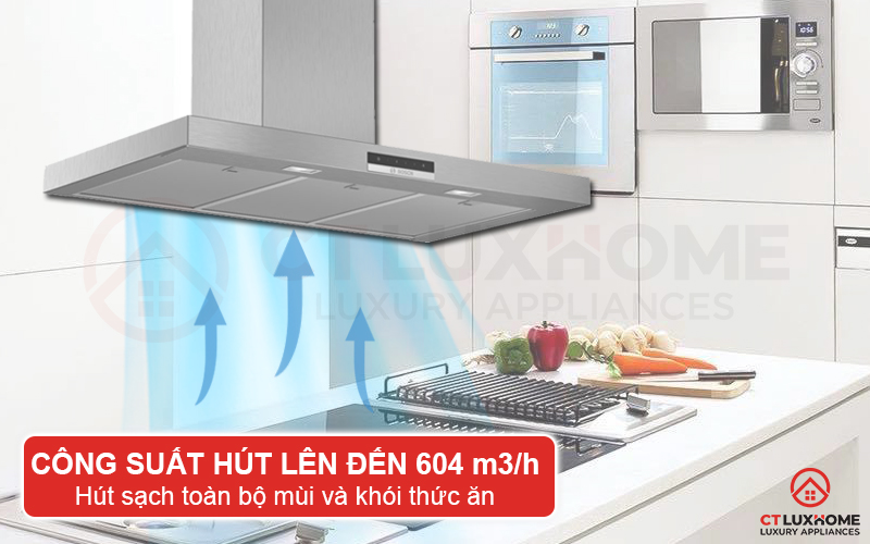 Công suất hút tối đa 604 m3/h hút sạch mùi và khói thức ăn, trả lại không khí tươi mát