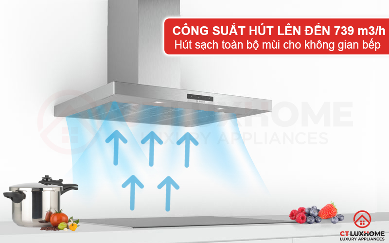 Công suất hút tối đa 739 m3/h hút mùi và khói thức ăn, trả lại không khí tươi mát