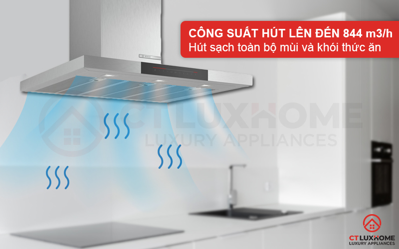 Công suất hút tối đa 844 m3/h hút sạch toàn bộ khói và mùi thức ăn