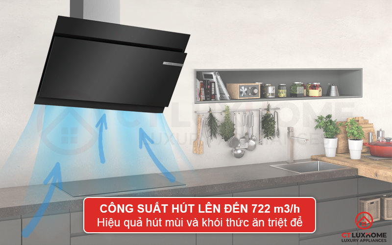 Công suất hút tối đa 722 m3/h hút sạch mùi và khói thức ăn, trả lại không khí trong lành