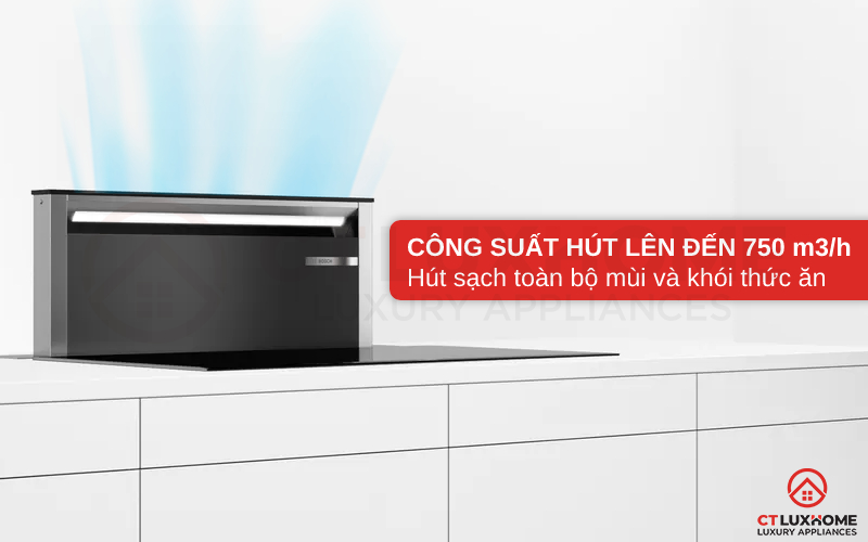 Công suất hút tối đa 750 m3/h hút sạch toàn bộ mùi và khói thức ăn