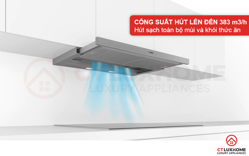 Công suất hút 383 m3/h hút sạch mùi và khói thức ăn, trả lại không khí tươi mát