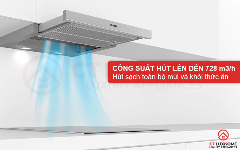 Công suất hút 728 m3/h hút sạch mùi và khói thức ăn, trả lại không khí tươi mát