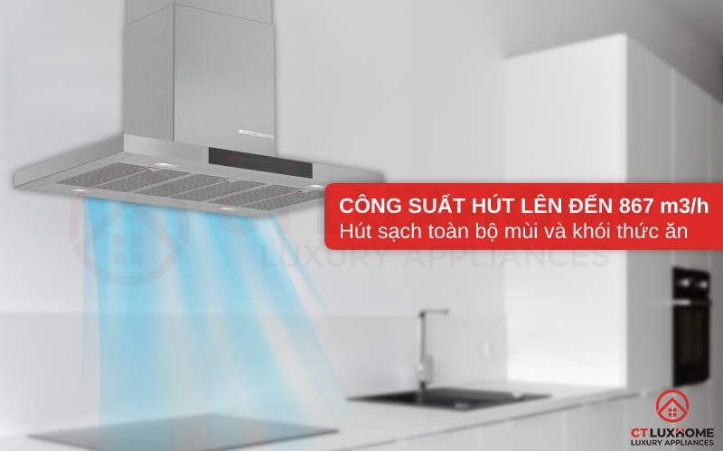Công suất hút tối đa 867 m3/h hút sạch toàn bộ mùi và khói thức ăn
