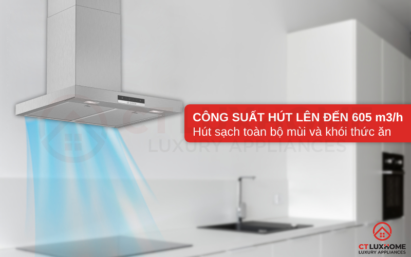 Công suất hút tối đa 605 m3/h hút sạch toàn bộ mùi và khói thức ăn