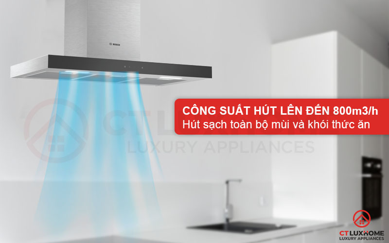 Máy hút mùi Bosch DWBM98G50B có công suất hút lên đến 800m3/h, hút sạch mùi và khói thức ăn