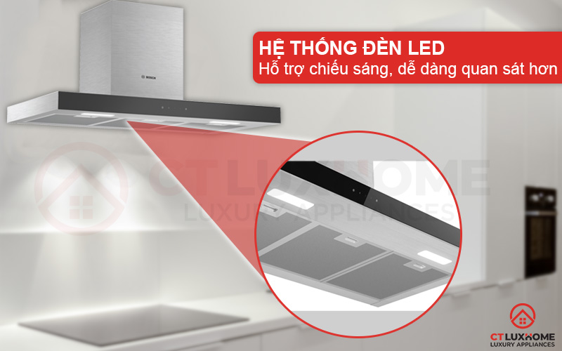 Hệ thống đèn LED trong máy hút mùi Bosch DWBM98G50B giúp hỗ trợ chiếu sáng