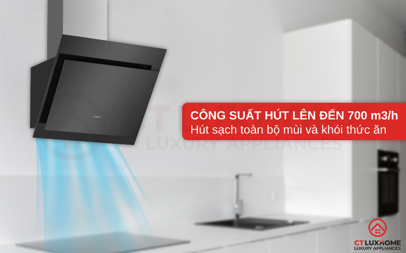 Công suất hút tối đa 700 m3/h giúp hút sạch khói và mùi thức ăn