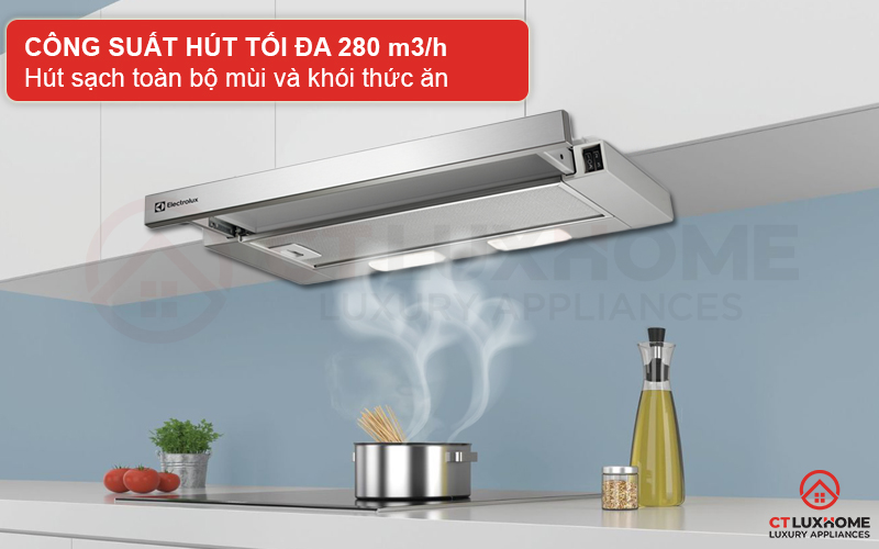 Công suất hút tối đa 280 m3/h hút sạch mùi và khói thức ăn