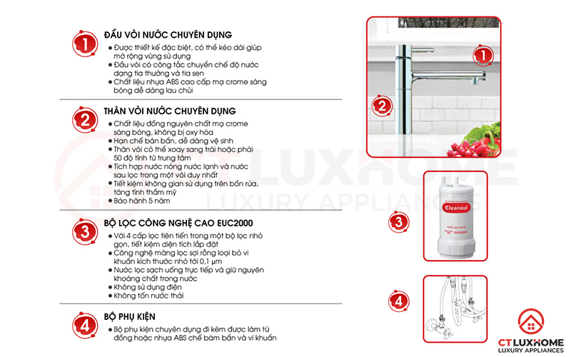 Thiết bị đi kèm trên máy lọc nước Cleansui EU202 tích hợp dưới bồn rửa