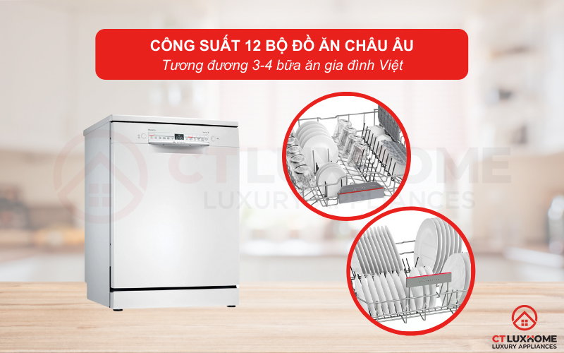 Công suất rửa của máy rửa bát Bosch SMS2IVW01P serie 2 có thể đạt tối đa 12 bộ đồ ăn.
