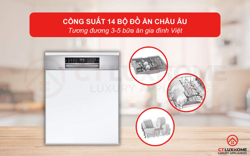 Công suất rửa tối đa của máy lên tới 14 bộ đồ ăn Châu Âu