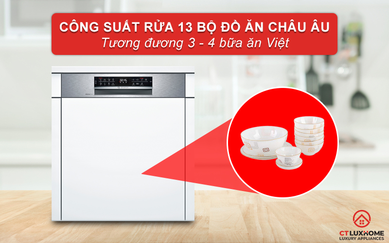Máy rửa bát serie 6 Bosch SMI6ECS93E có thể rửa tối đa 13 bộ đồ ăn châu Âu.