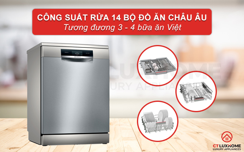 Máy rửa bát Bosch SMS8YCI01E có công suất rửa tối đa lên đến 14 bộ đồ ăn châu Âu.