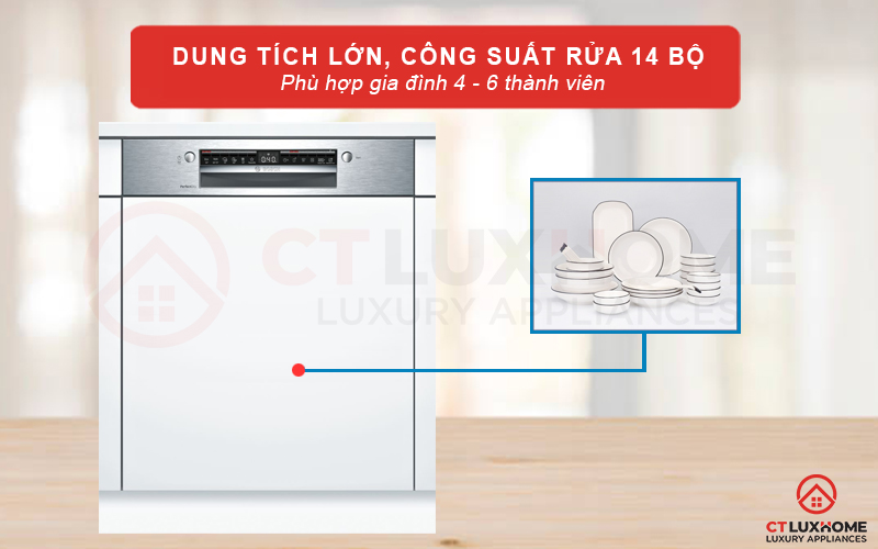 Công suất rửa tối đa của máy rửa chén Bosch có thể đạt đến 14 bộ.