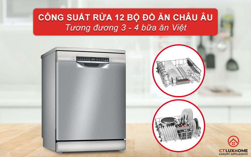 Công suất rửa của máy rửa bát Bosch SMS4HTI45E tối đa là 12 bộ.