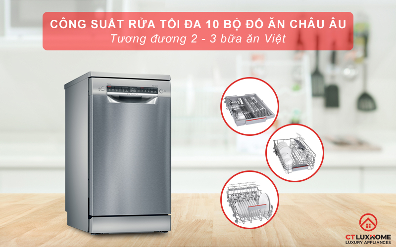 Công suất của máy rửa chén Bosch serie 4 SPS4EMI60E đạt mức trung bình 10 bộ.