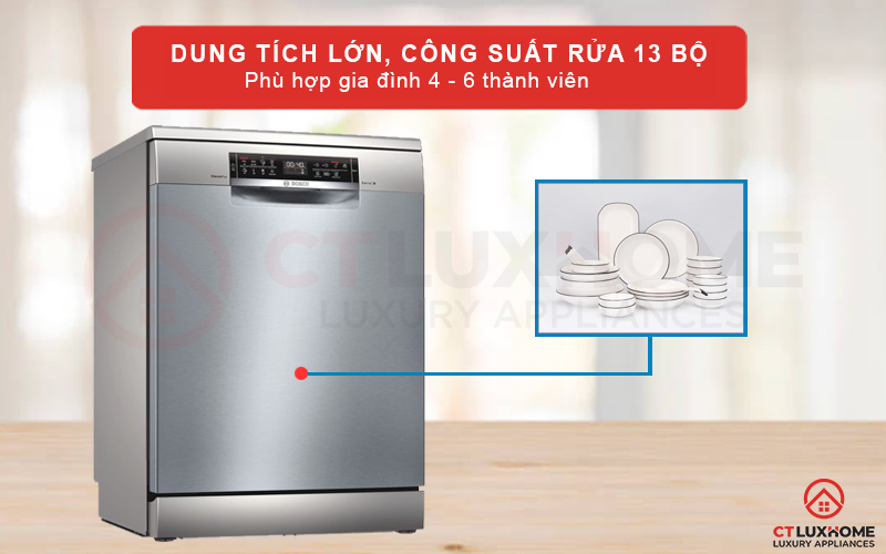 Dung tích chứa lớn hỗ trợ rửa tối đa 13 bộ đồ ăn châu Âu.
