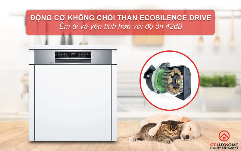 Độ ồn của máy rửa chén Bosch SMI6ECS93E chỉ 42dB nhờ động cơ EcoSilence Drive.