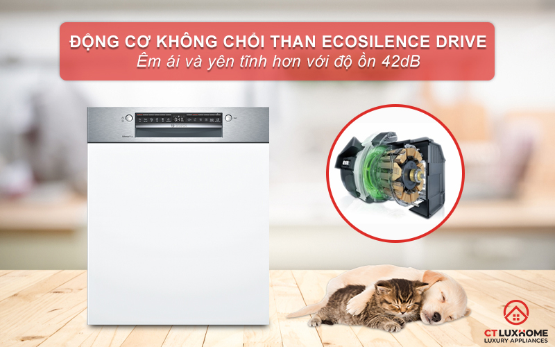 Động cơ EcoSilence Drive giúp máy rửa chén Bosch SMI4HCS48E hoạt động yên tĩnh hơn.