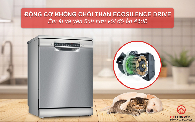 Động cơ EcoSilence Drive giúp độ ồn của máy rửa bát SMS4HTI45E ở mức thấp.