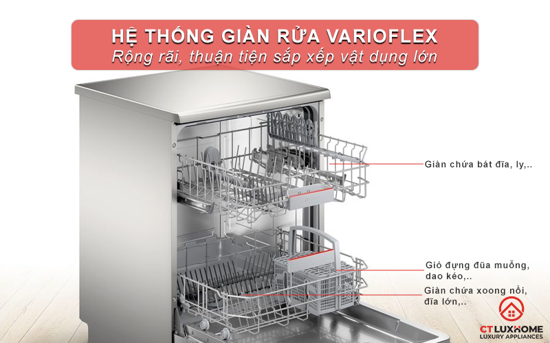 2 giàn rửa giúp máy rửa bát Bosch SMS4HTI45E rộng rãi hơn.