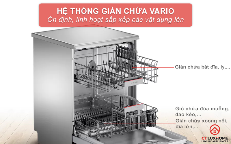 Hệ thống giàn rửa Vario linh hoạt đi kèm giỏ đựng đũa muỗng tiện lợi.