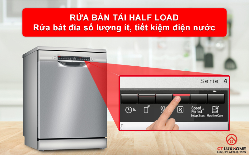 Sử dụng tính năng Half Load để rửa bát đĩa số lượng nhỏ.