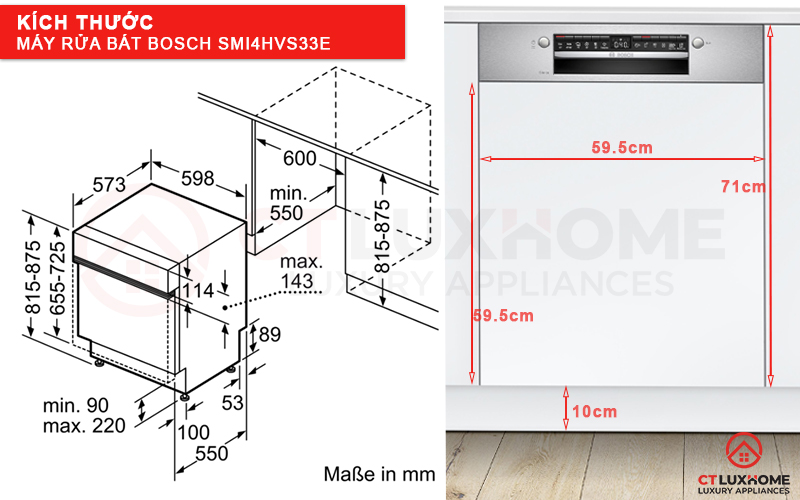 Kích thước của máy rửa chén bán âm SMI4HVS33E