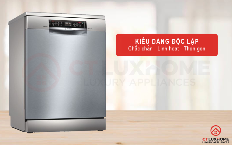 Máy rửa bát Bosch SMS6ECI93E được thiết kế với kiểu dáng độc lập linh hoạt.