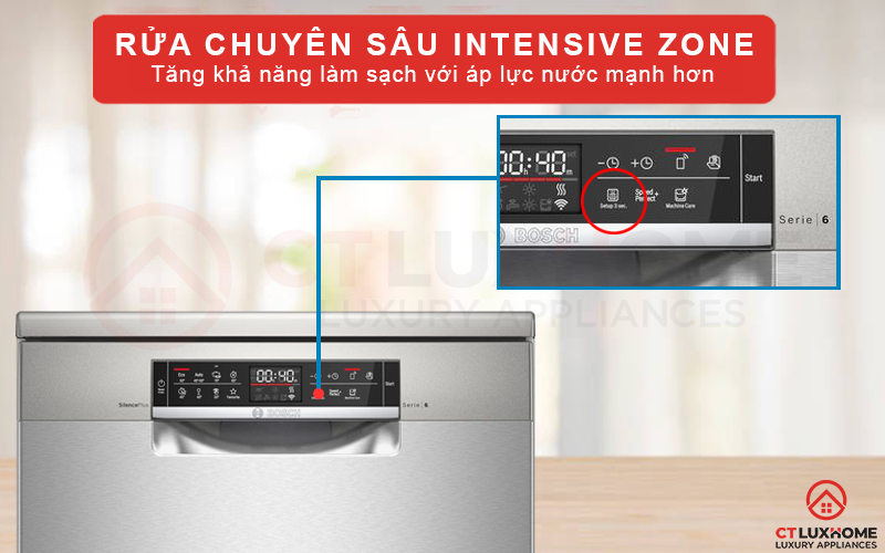 Tính năng rửa chuyên sâu IntensiveZone làm sạch các cặn bẩn bám trên xoong nồi.