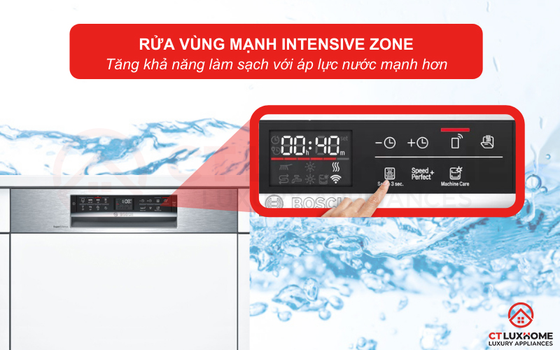 Tính năng IntensiveZone tăng áp lực rửa giàn dưới cùng của Máy rửa bát Bosch SMI6ECS57E serie 6