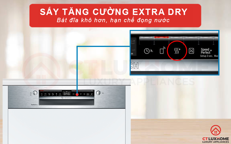 Kích hoạt Extra Dry cho bát đĩa khô hơn và hạn chế đốm trắng.