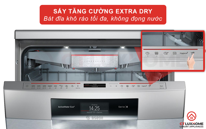 Sấy tăng cường giúp bát đĩa khô ráo, không còn đọng nước.