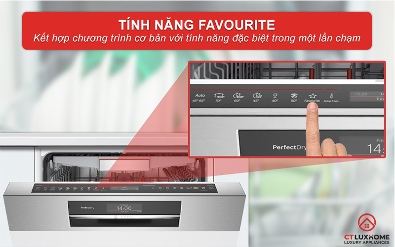 Tiện lợi hơn với tính năng đặc biệt trong nút bấm Favourite trên máy rửa bát SMS8YCI01E.