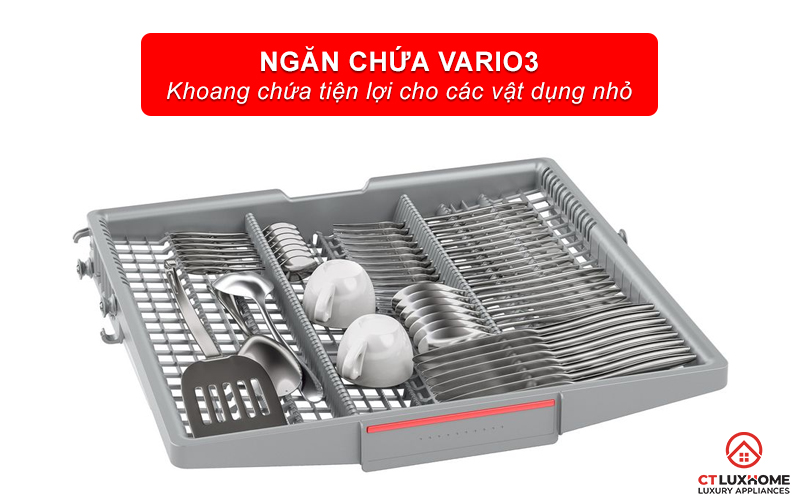 Máy rửa bát bán âm Bosch SMI6ECS93E được bổ sung thêm ngăn thứ 3 để đựng các vật dụng nhỏ.