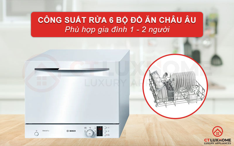 Máy rửa bát để bàn Bosch SKS62E22EU Serie 4 có thể rửa tối đa 6 bộ bát đĩa