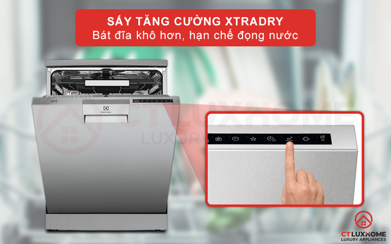 Sấy tăng cường Xtra Dry giúp bát đĩa khô hơn, hạn chế đọng nước