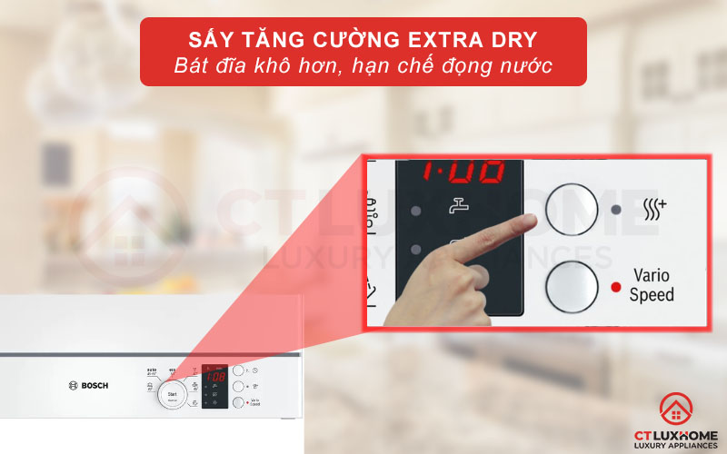 Tính năng sấy tăng cường Extra Dry trên máy rửa chén mini Bosch SKS62E22EU