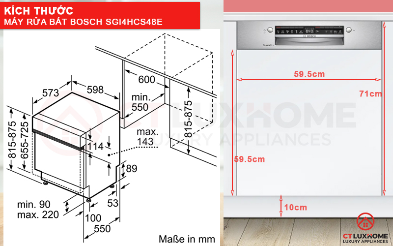 Kích thước máy rửa bát SGI4HCS48E và tấm ốp gỗ