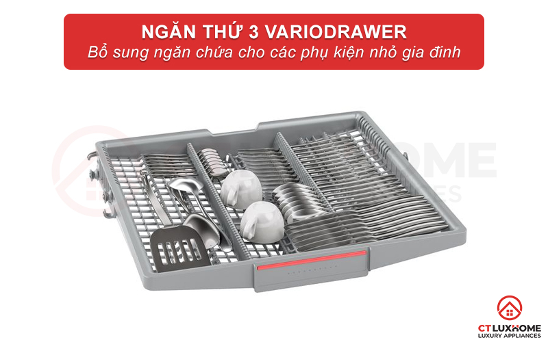 Ngăn thứ 3 VarioDrawer chứa lý tưởng để đựng các phụ kiện nhỏ trong gia đình như muỗng đũa, thìa dĩa