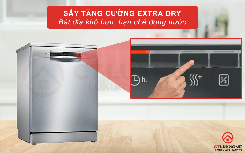 Sấy tăng cường Extra Dry cho bát đĩa thêm khô hơn, hạn chế đọng nước