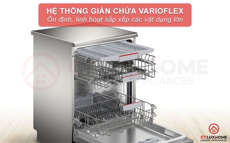 Thiết bị rửa bát SGS4HVI33E serie 4 được trang bị hệ thống giỏ chứa Vario Flex lòng sâu