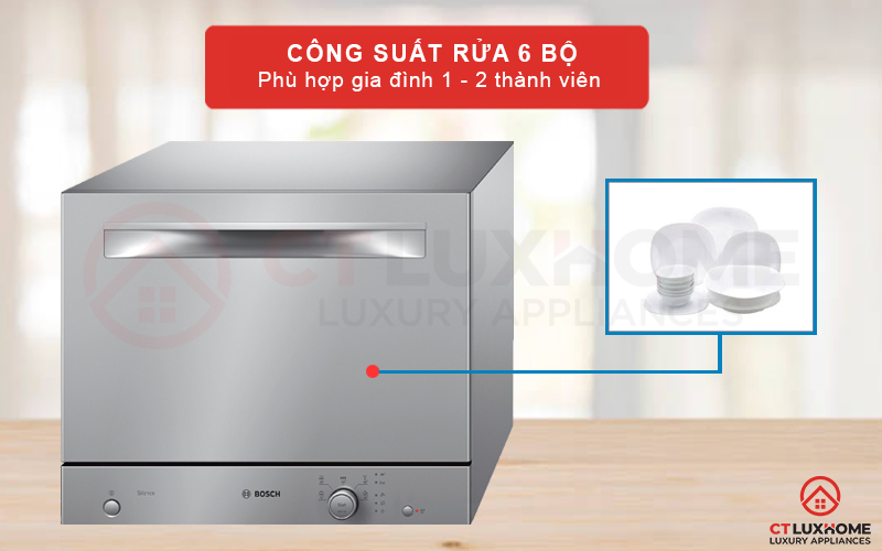 Công suất rửa tối đa 6 bộ đồ ăn châu âu phù hợp với gia đình có 1 - 2 thành viên