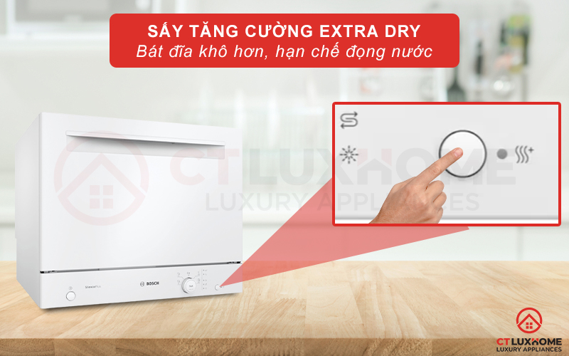 Sấy tăng cường Extra Dry cho bát đĩa khô hơn, hạn chế đọng nước